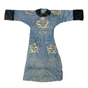 A Chinese blue-ground gold-thread dragon robe, 19th century
