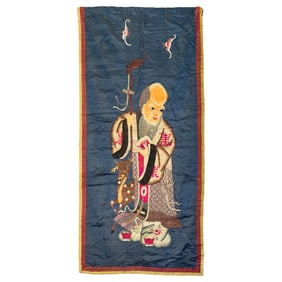A Chinese blue-ground 'Shou' embroidery, Republic period