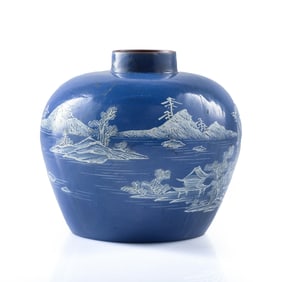 A Chinese blue-ground enameled zisha jar, 18th/19th century
