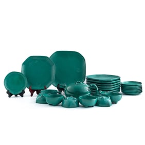 Twenty-six Chinese green-glazed zisha teaware and plates, By Chen Dinghe, Republic period