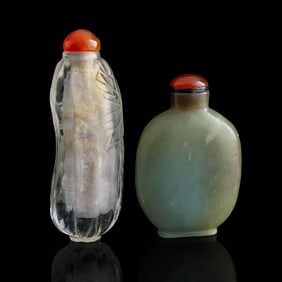 A Chinese crystal and a celadon jade snuff bottle, 19th century