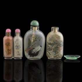 Three Chinese reverse-painted snuff bottles and a snuff dish, Republic period or earlier