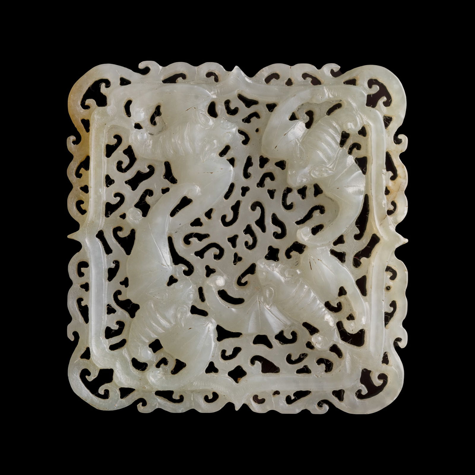 A Chinese reticulated white jade 'bat' plaque, Qing dynasty (1 of 5)