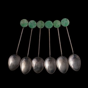 Six Chinese jadeite-inset silver spoons, Republic period