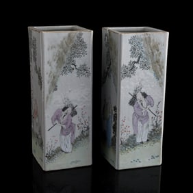 A pair of Chinese Qianjiang-enameled square hat stands, late 19th century