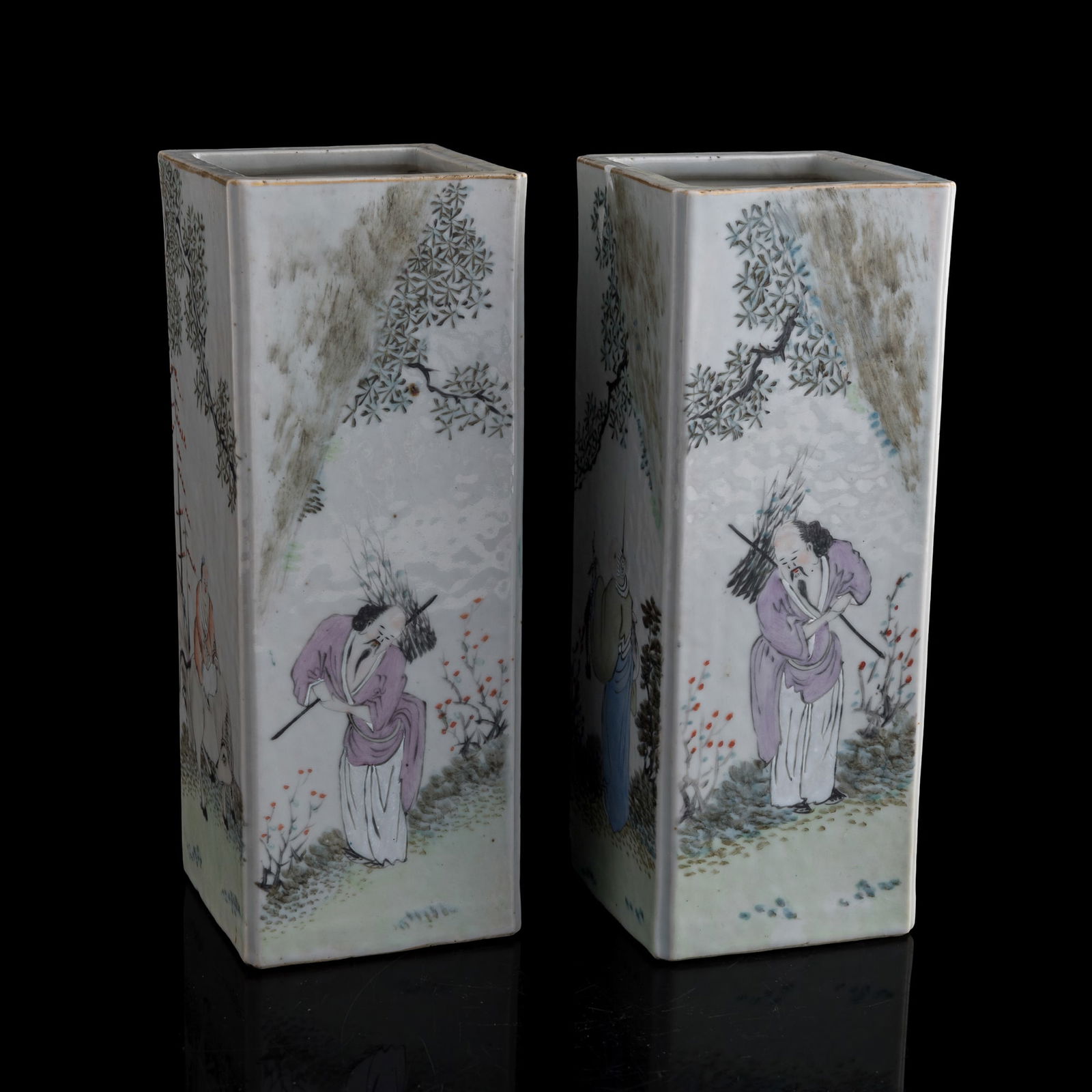 A pair of Chinese Qianjiang-enameled square hat stands, late 19th century: A pair of Chinese Qianjiang-enameled square hat standslate 19th centuryEach with a six-character mark to the underside and figural decoration to each side. Sold with a purchase invoice. (2).H: 11