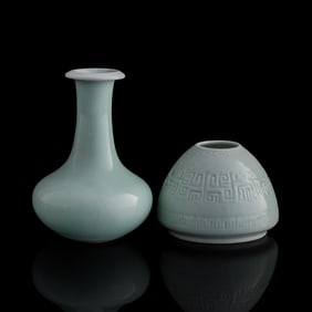 A Chinese pale celadon-blue glaze vase and a water coupe, Republic period