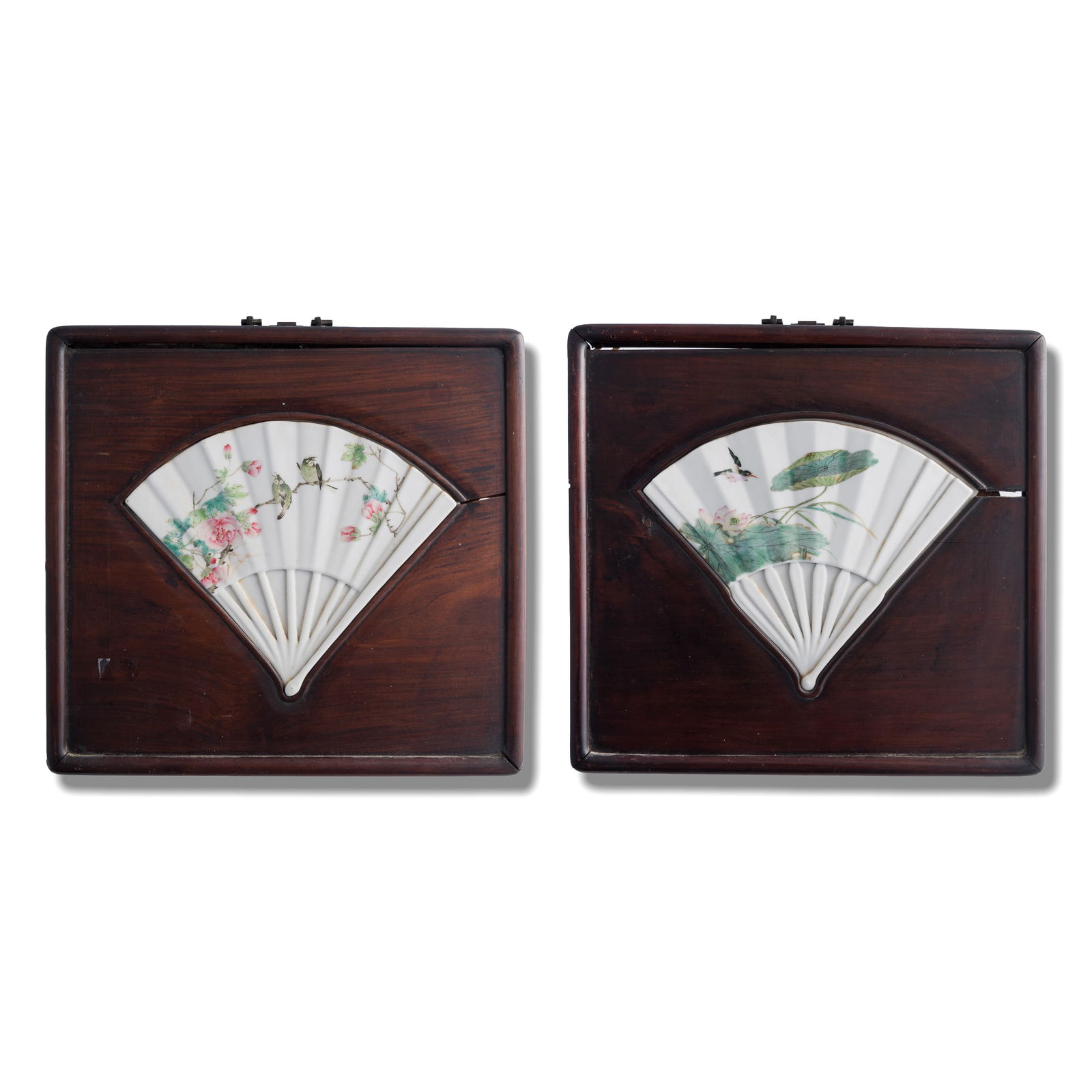 A pair of Chinese fan-shaped famille rose plaques, Republic period (1 of 8)