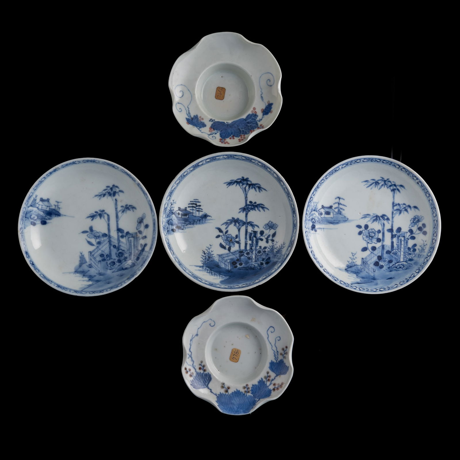 Three Chinese porcelain dishes and two cup saucers, Qing dynasty (1 of 8)