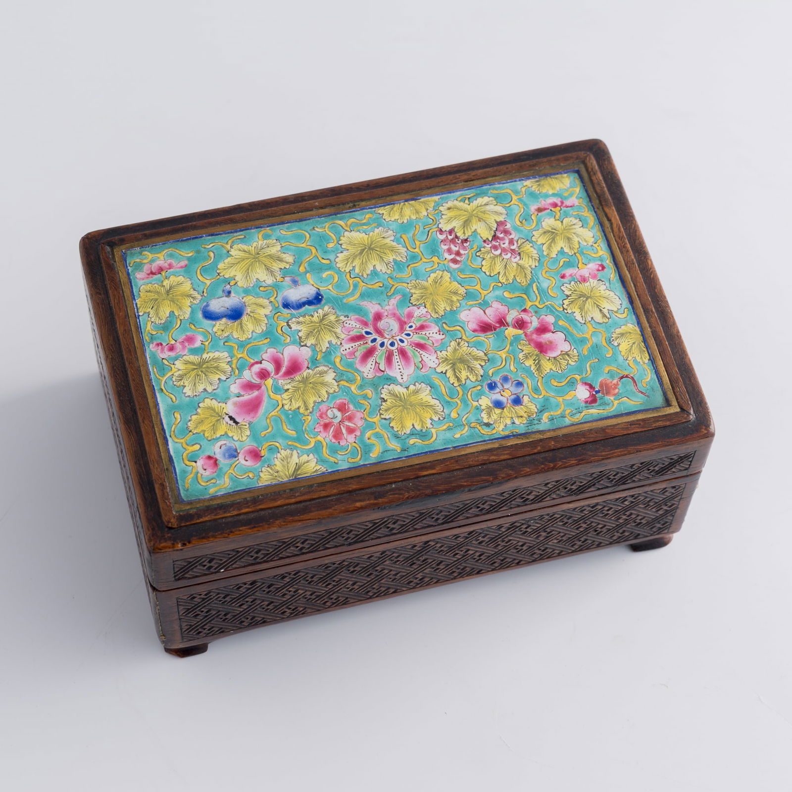 A Chinese hardwood box inset with a painted-enamel panel, 19th century (1 of 9)