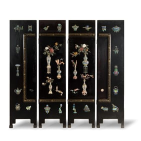 A set of four Chinese black lacquer 'hundred antiques' inlaid screens, Republic period