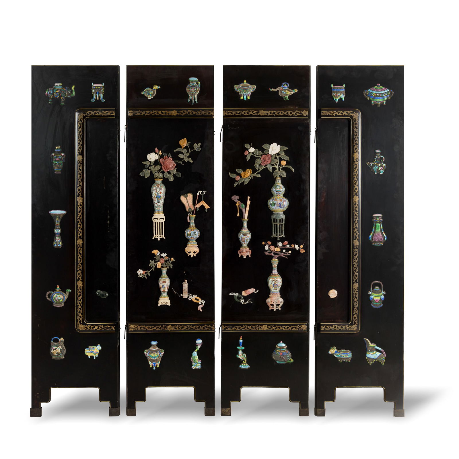 A set of four Chinese black lacquer 'hundred antiques' inlaid screens, Republic period: A set of four Chinese black lacquer 'hundred antiques' inlaid screens Republic period Inlaid with cloisonne and silver enamel scholar's objects, including vases, teapots, censers, and hardstone flower