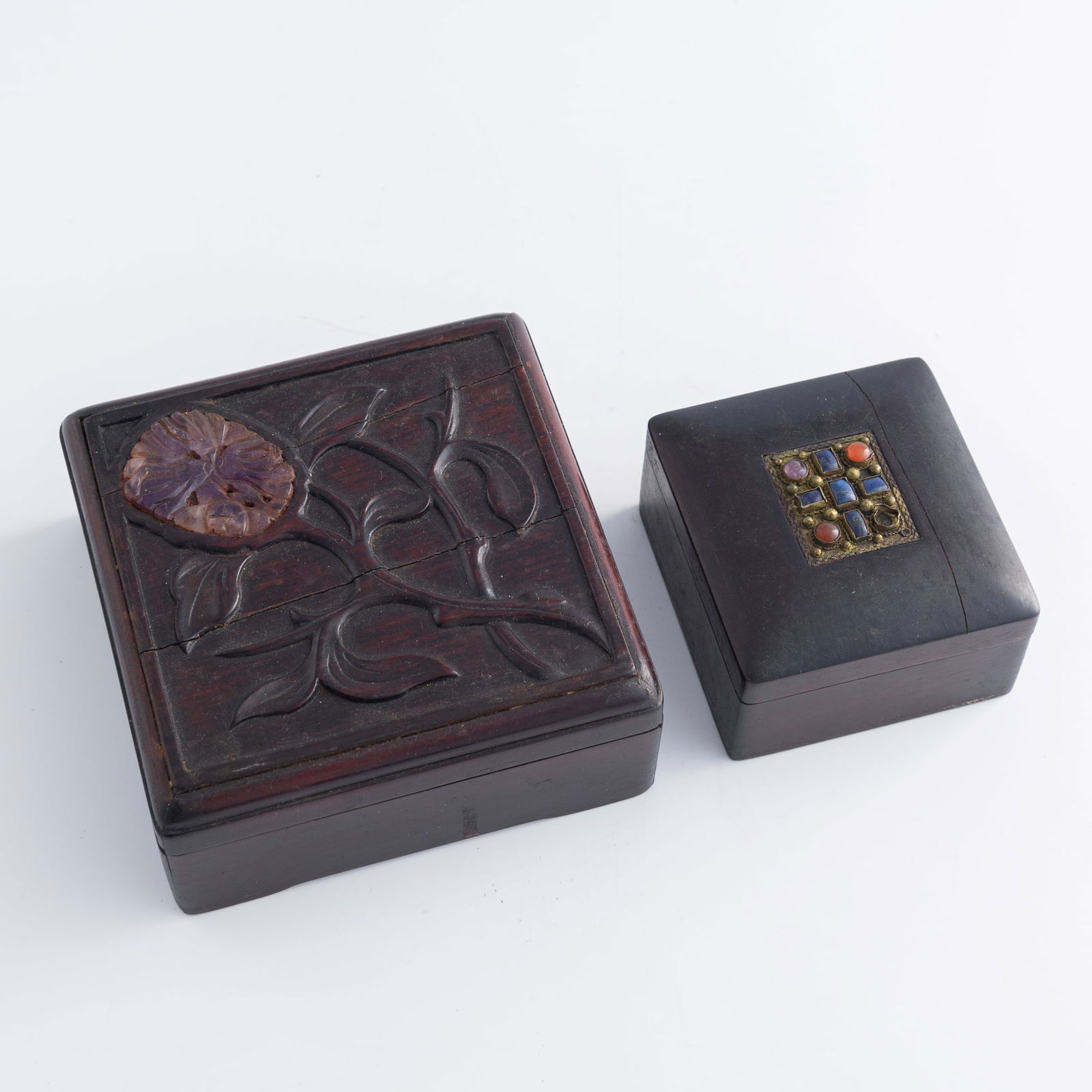 Two Chinese precious-stone-inlaid hardwood boxes, 19th century (1 of 9)