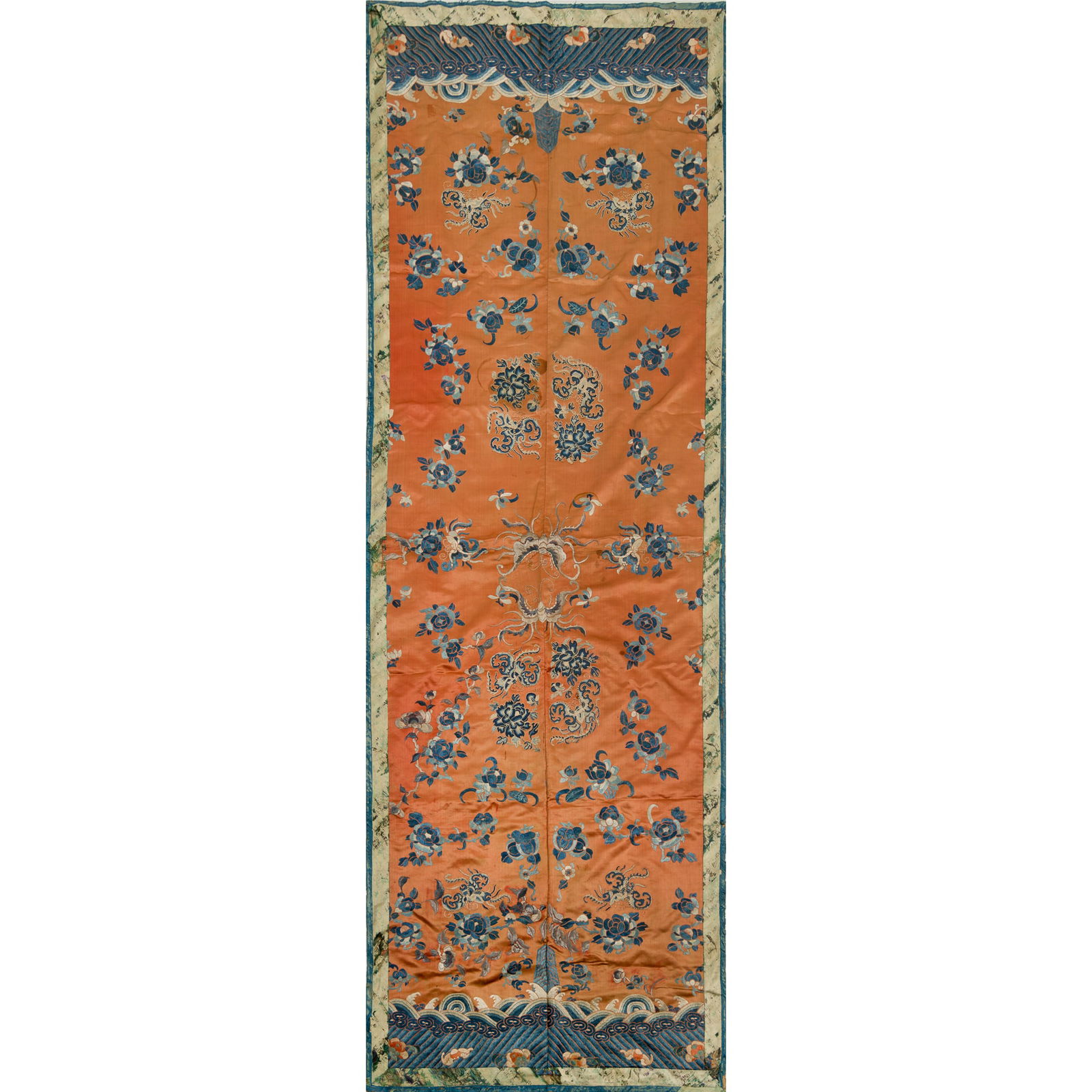 A Chinese embroidered 'butterfly' and 'floral' panel, 19th century: A Chinese embroidered 'butterfly' and 'floral' panel 19th century H: 89 3/4, W: 32 3/4 in. (H: 228, W: 83.2 cm.) From Mr. Hsieh, Houston, Texas; a family heirloom.