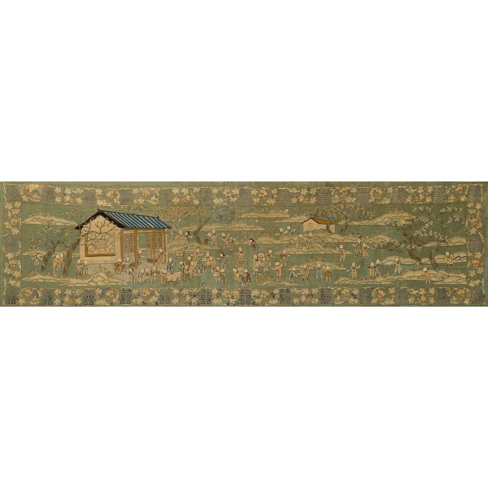 A large Chinese 'children playing' embroidery, late 19th century: A large Chinese 'children playing' embroidery late 19th century Depicting a continuous landscape scene populated with numerous children figures engaged in daily activities, set among pavilions, trees,