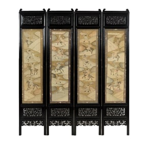 A four-panel Chinese kesi 'warrior' screen, 19th century
