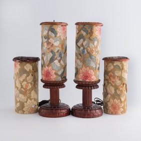 A pair of Chinese lamps with four kesi lampshades, Qing dynasty