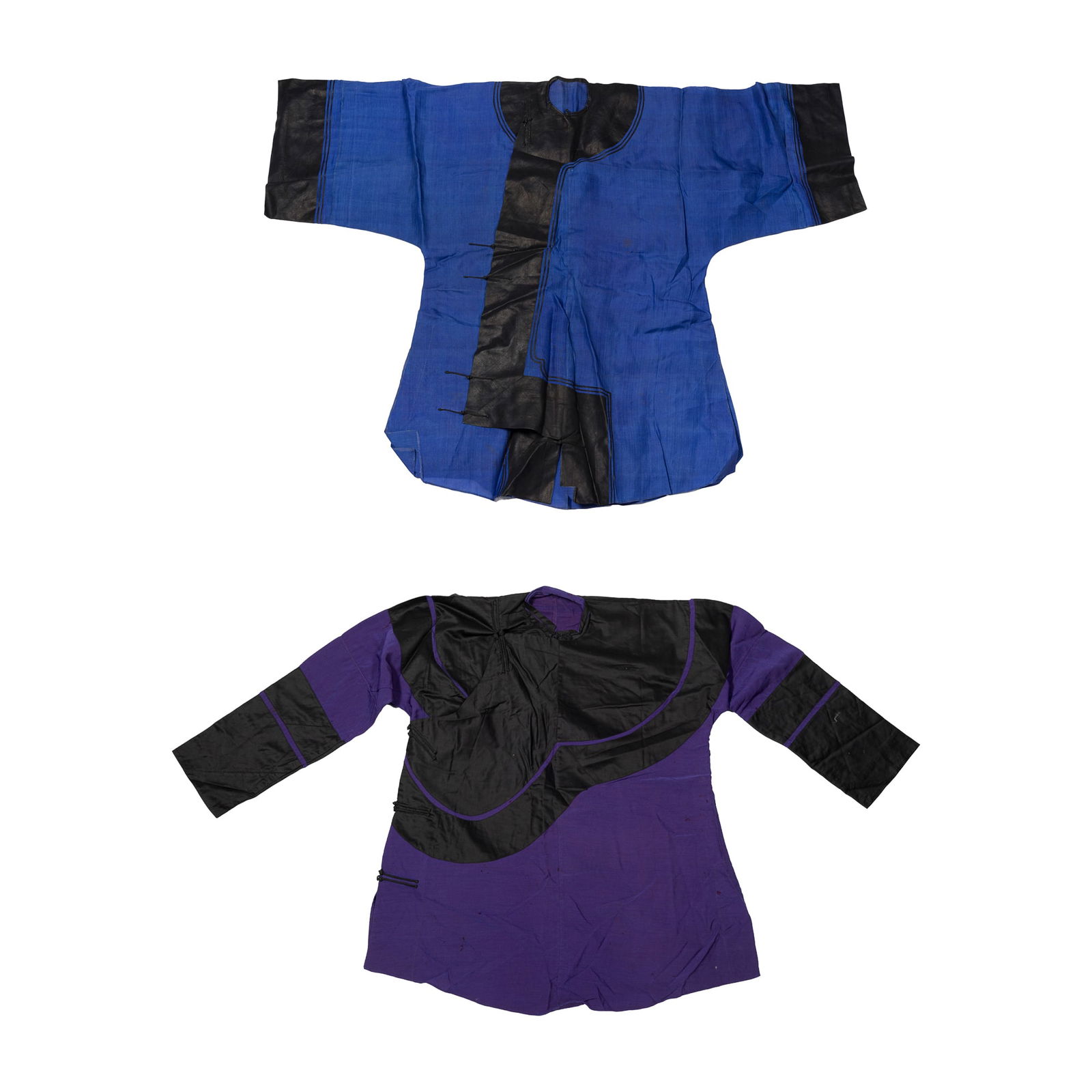 Two Chinese lady's under-jackets, late 19th century: Two Chinese lady's under-jackets late 19th century Two single-layer silk jackets. (2). H: 37 1/8, W: 50 in. (H: 94.3, W: 127 cm. (largest)) From Mr. Lo, Honolulu, Hawai'i. A family inheritance. His gr