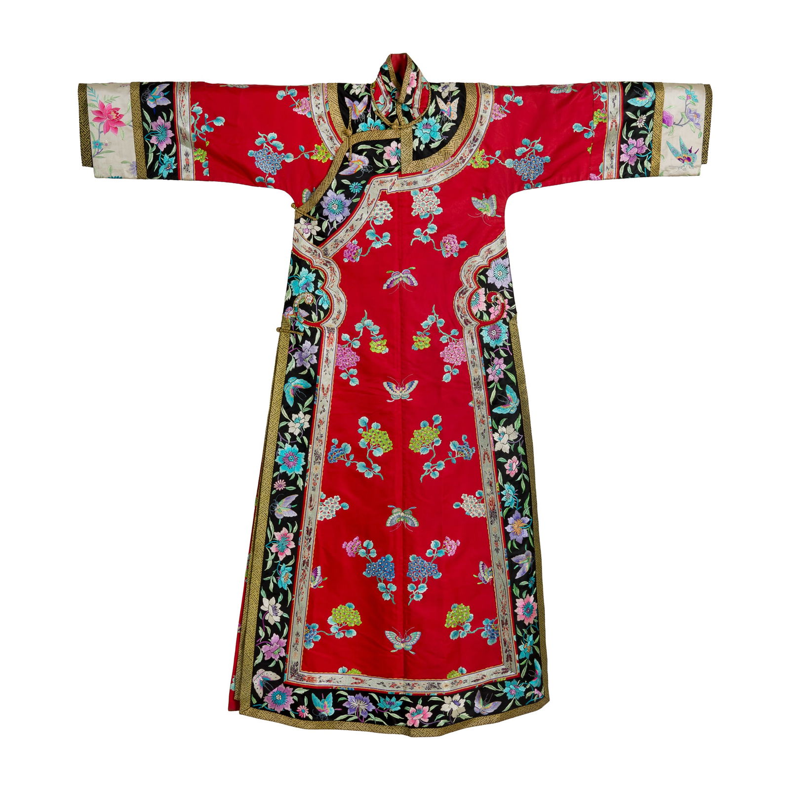 A Chinese red-ground embroidered 'butterfly' lady's robe, 19th century: A Chinese red-ground embroidered 'butterfly' lady's robe 19th century Decorated with butterflies and flowers against a red ground, framed by black-ground borders. H: 55, W: 51 1/4 in. (H: 139.7, W: 13