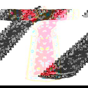 A Chinese red-ground embroidered 'butterfly' lady's robe, 19th century: A Chinese red-ground embroidered 'butterfly' lady's robe 19th century Decorated with butterflies and flowers against a red ground, framed by black-ground borders. H: 55, W: 51 1/4 in. (H: 139.7, W: 13