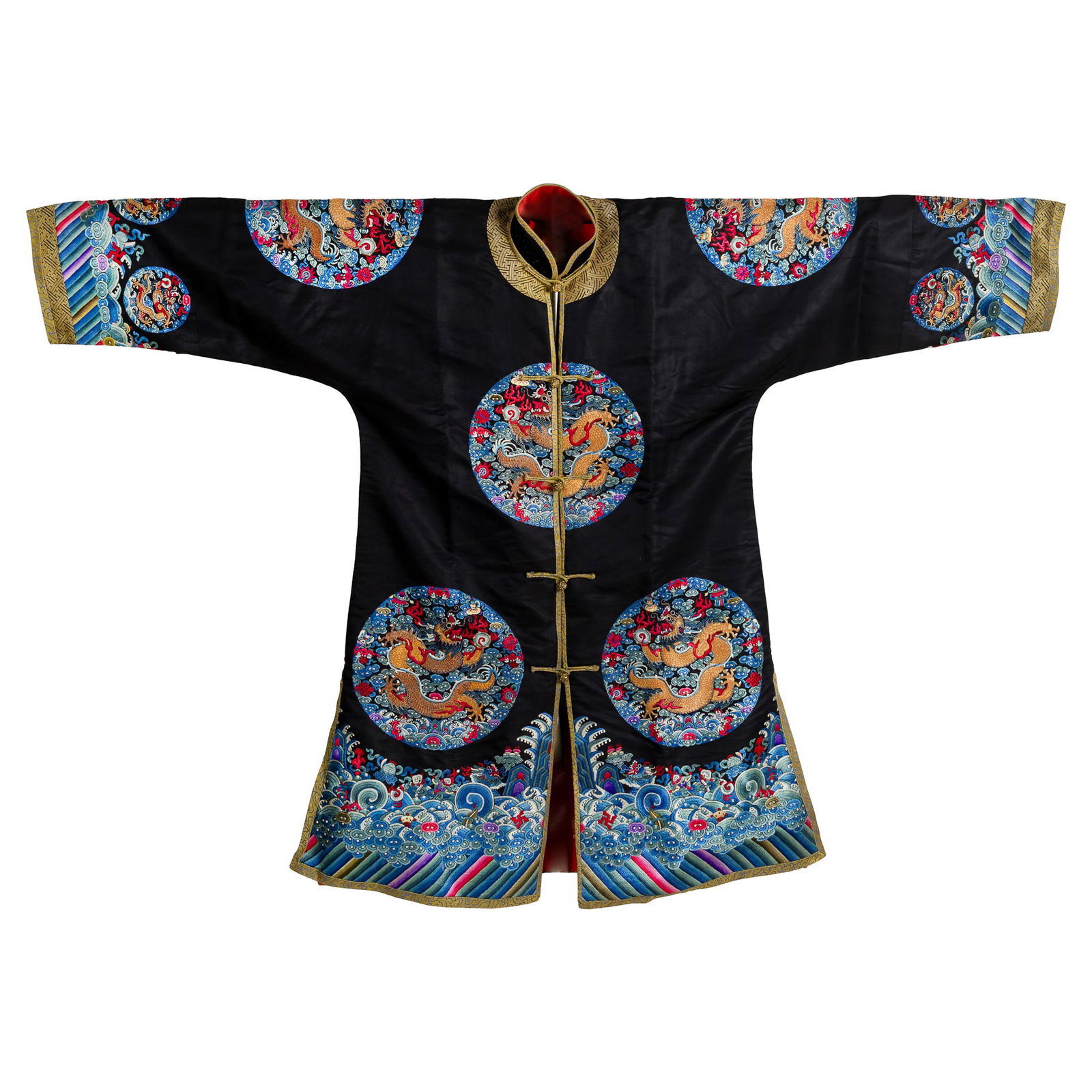 A Chinese black-ground embroidered 'roundel dragon' jacket, 19th century: A Chinese black-ground embroidered 'roundel dragon' jacket 19th century Decorated with embroidered roundels of five-clawed dragons pursuing flaming pearls amid ruyi clouds above the sea, and lined wit