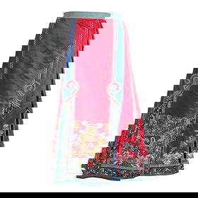 A Chinese red-ground embroidered skirt, 19th century: A Chinese red-ground embroidered skirt 19th century Decorated with a dragon pursuing a flaming pearl on the front panel, framed by two blue-ground ruyi borders. H: 35, W: 46 in. (H: 88.9, W: 116.8 cm.