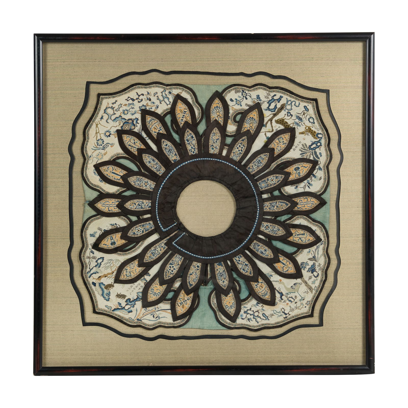 A Chinese framed embroidered court apron (xiapei), 19th century: A Chinese framed embroidered court apron (xiapei) 19th century Xiapei dimensions: H: 20 1/2, W: 20 1/2 in. (H: 52.1, W: 52.1 cm.) Overall dimensions: H: 28 1/8, W: 28 1/8 in. (H: 71.4, W: 71.4 cm.) Pr