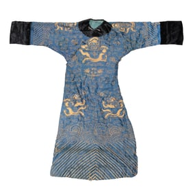 A Chinese blue-ground gold-thread dragon robe, 19th century
