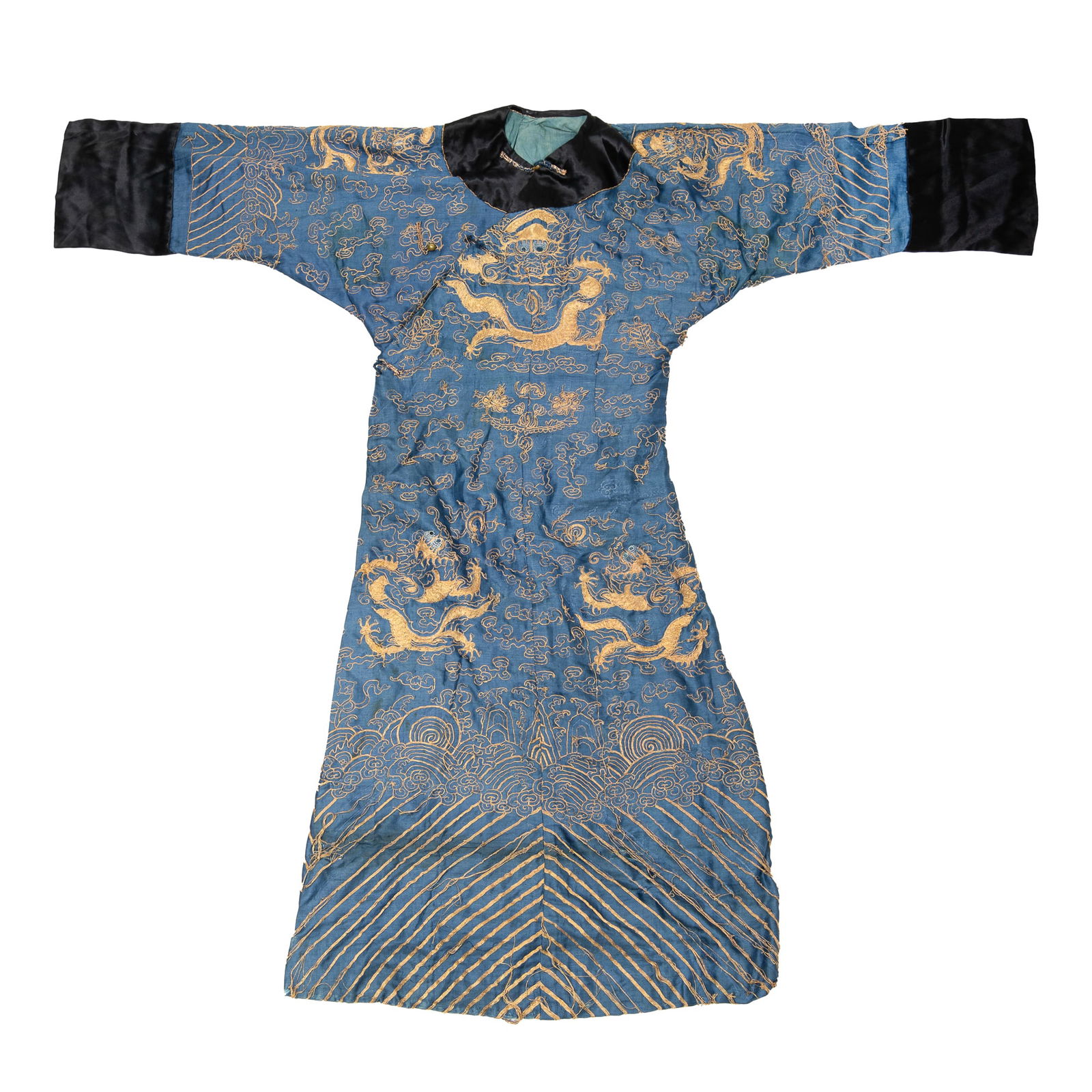 A Chinese blue-ground gold-thread dragon robe, 19th century: A Chinese blue-ground gold-thread dragon robe 19th century This is a small-sized dragon robe with a hidden dragon panel. H: 49 1/2, W: 55 1/8 in. (H: 125.7, W: 140 cm.) Private collection, Saratoga, C