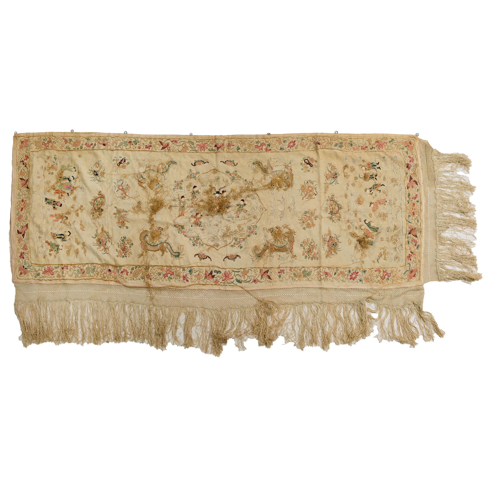 A Chinese embroidered silk tablecloth, 19th century: A Chinese embroidered silk tablecloth 19th century The tablecloth features a central framed scene with royalty and many attendants surrounded by four dragons. Each end features a scene with people and