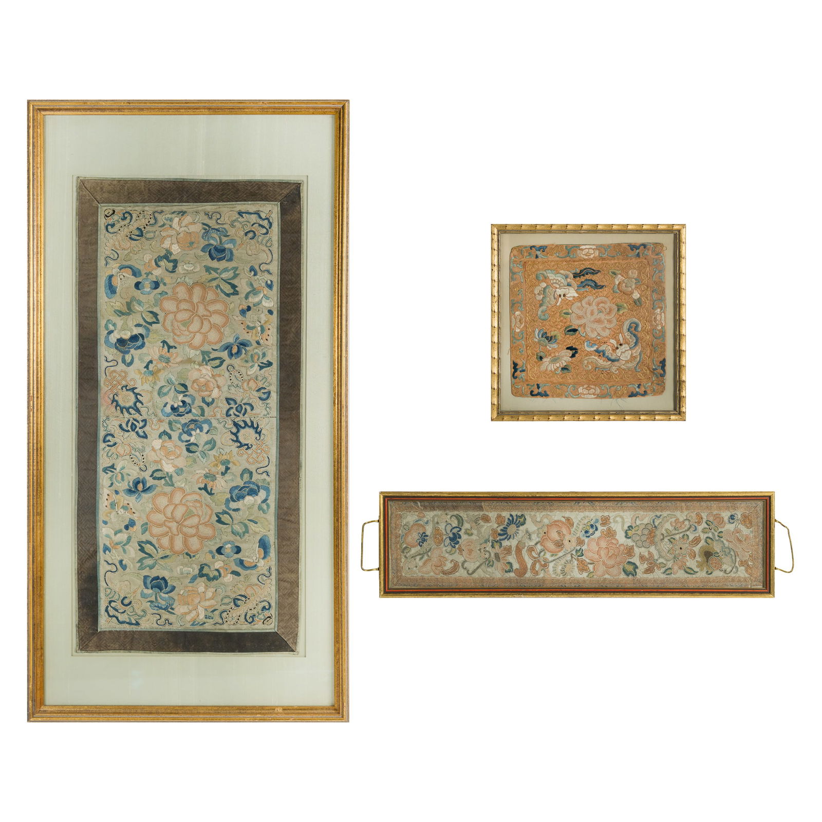 Three Chinese 'floral' embroideries, 19th century: Three Chinese 'floral' embroideries19th centuryall framed. (3).Sight dimensions: H: 25 1/4, W: 11 3/4 in. (H: 64.14, W: 29.8 cm. (largest))Overall dimensions: H: 33, W: 16 5/8 in. (H: 83.8, W: 42.2