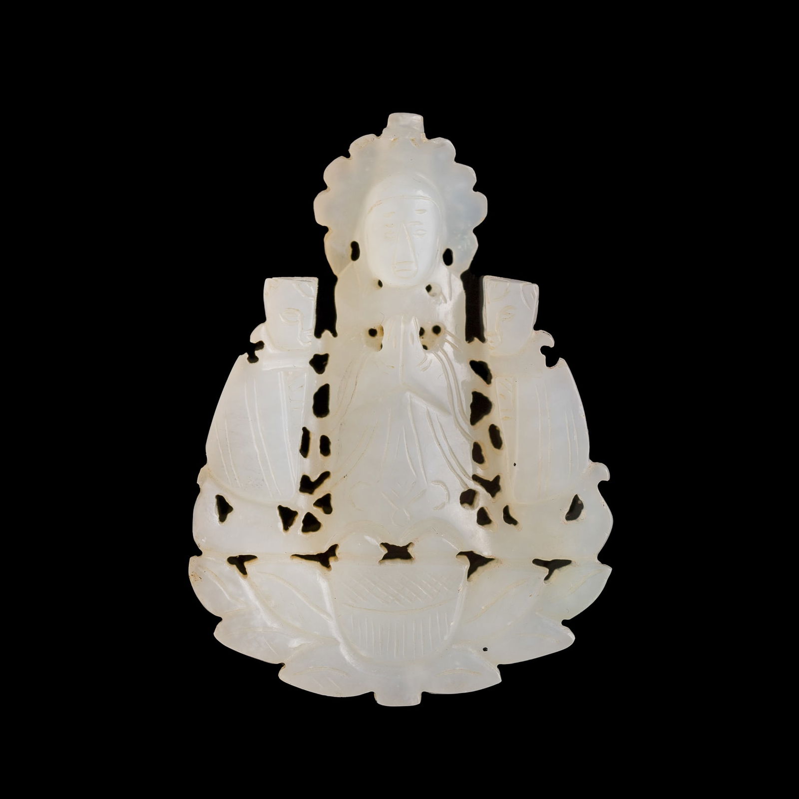 A Chinese white jade 'Guanyin' pendant, Yuan/Ming dynasty (1 of 5)