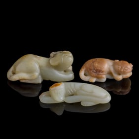 Three Chinese jade carvings of recumbent beasts, Ming/Qing dynasty