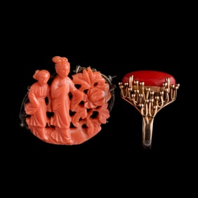 A Chinese coral brooch and a gem-set ring