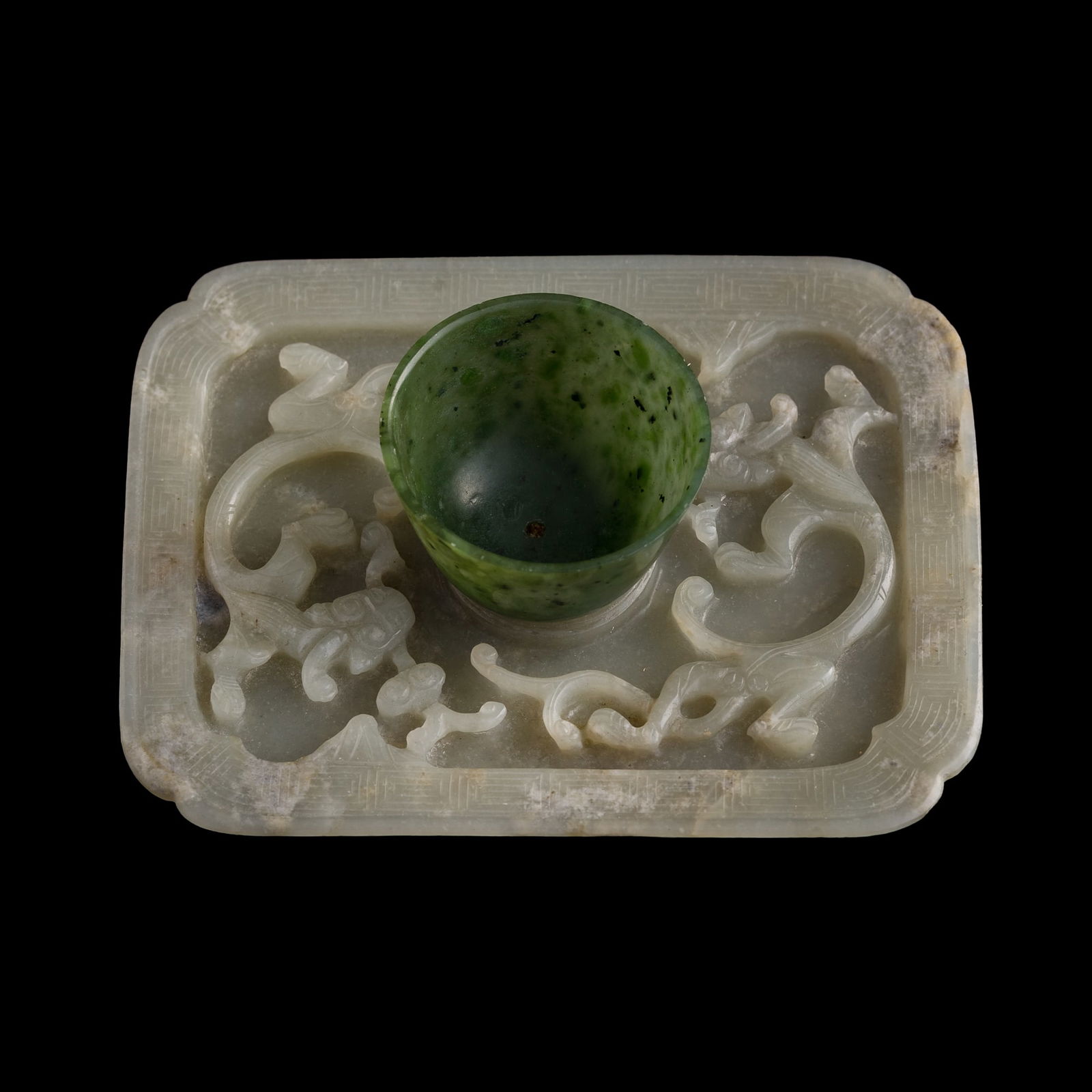 A Chinese spinach jade cup with white jade stand, 18th century (1 of 8)