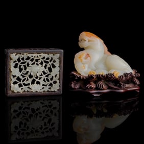 A Chinese russet jade Tianlu and a jade-inlaid ink bed, Qing dynasty