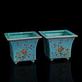 A pair of Chinese turquoise-ground famille rose 'floral' planters, Republic period
