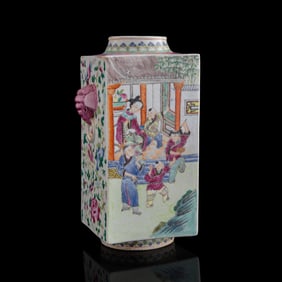 A Chinese famille rose cong-form vase with elephant handles, 19th century