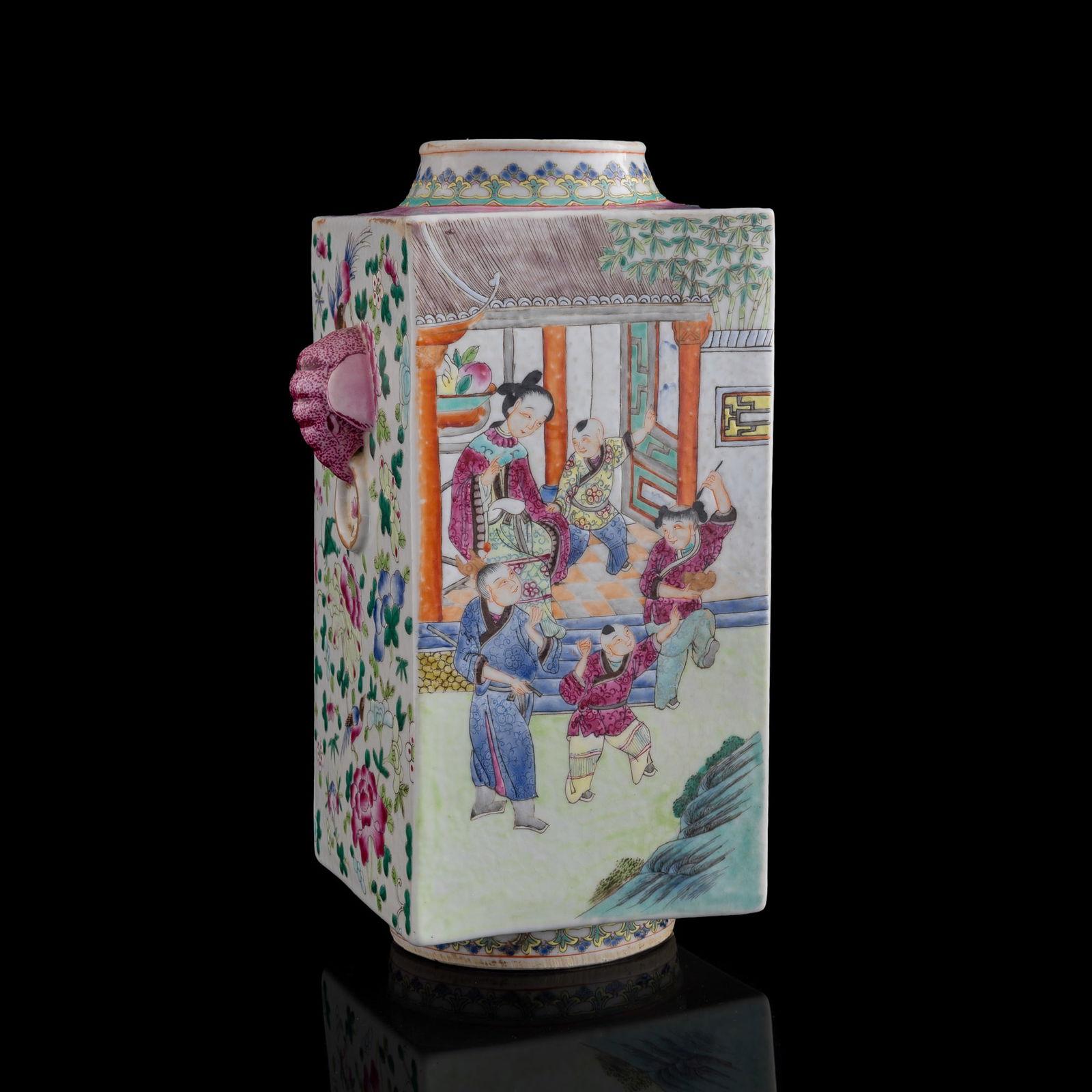 A Chinese famille rose cong-form vase with elephant handles, 19th century (1 of 11)