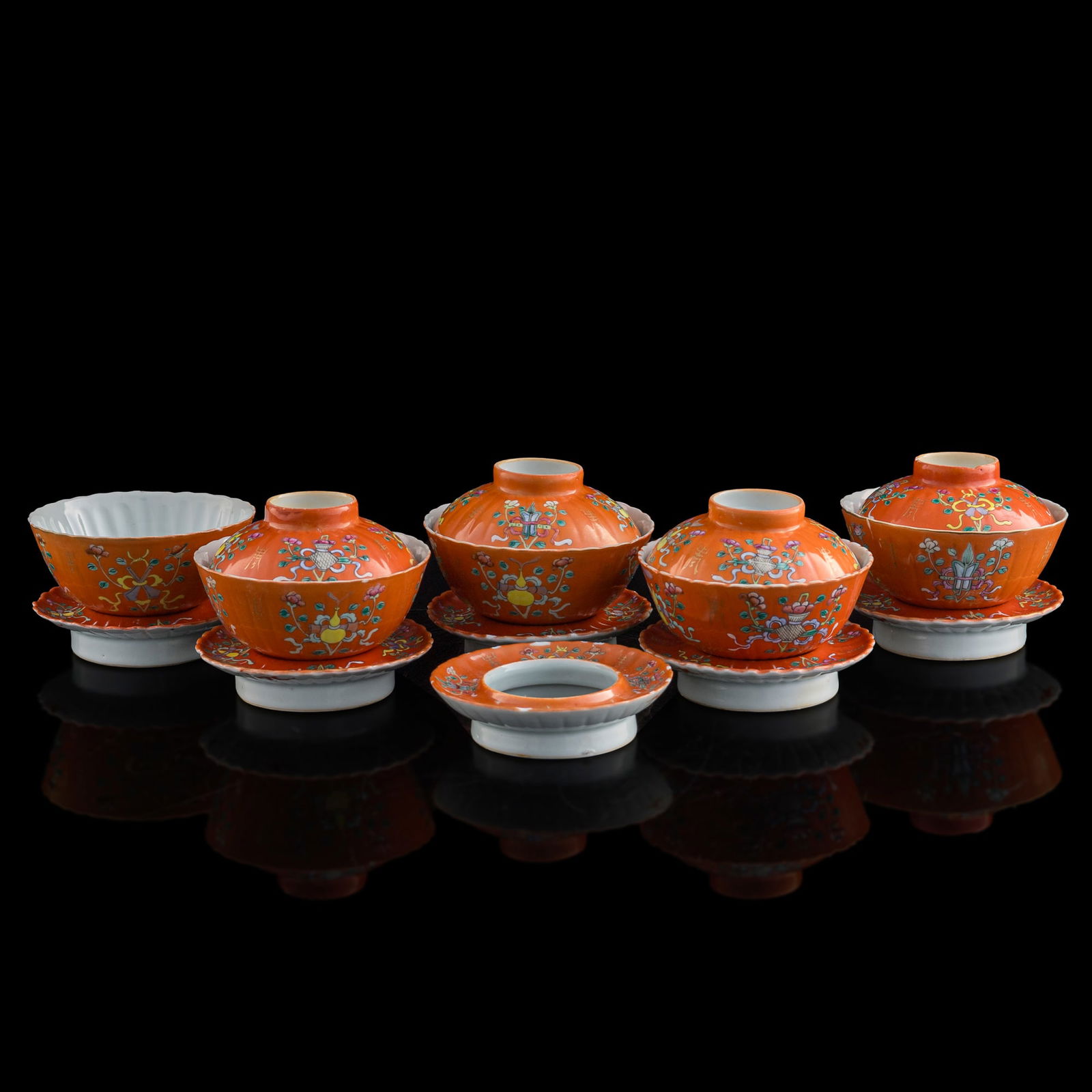 Five Chinese iron-red-ground famille rose cups, Republic period (1 of 9)