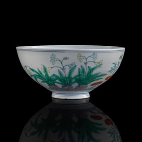 A Chinese doucai 'Immortals and lingzhi' chicken-heart bowl, Qianlong period, Qing dynasty