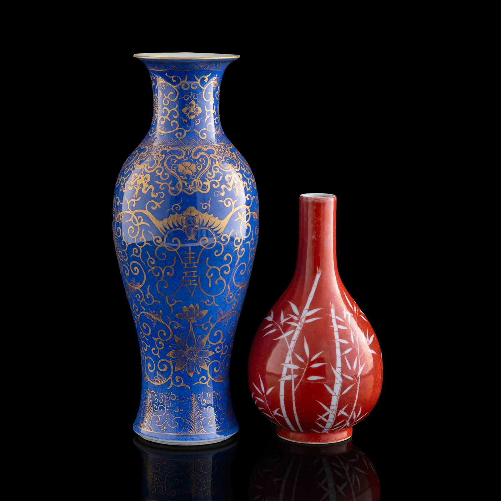 A Chinese blue-glazed vase and a coral-red dan vase, Republic period or later (1 of 11)