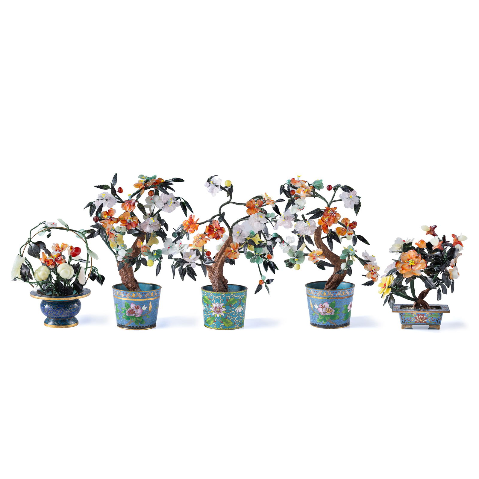 Five Chinese cloisonne planters with hardstone flowers, 1960s-1970s (1 of 16)
