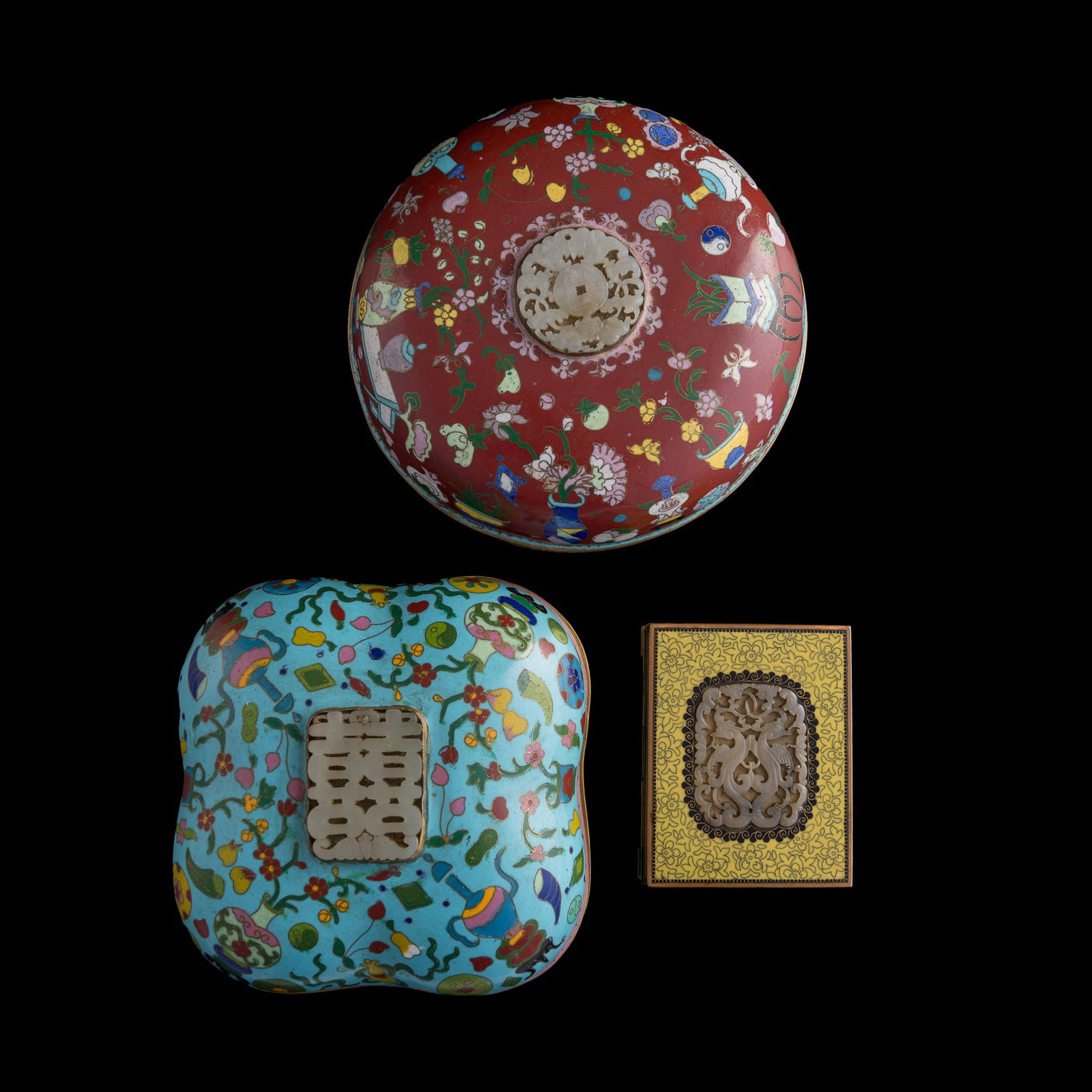 Three Chinese jade-inlaid cloisonne boxes, Republic period or later (1 of 11)
