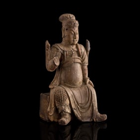 A Chinese carved wood figure of Guangong, 18th century