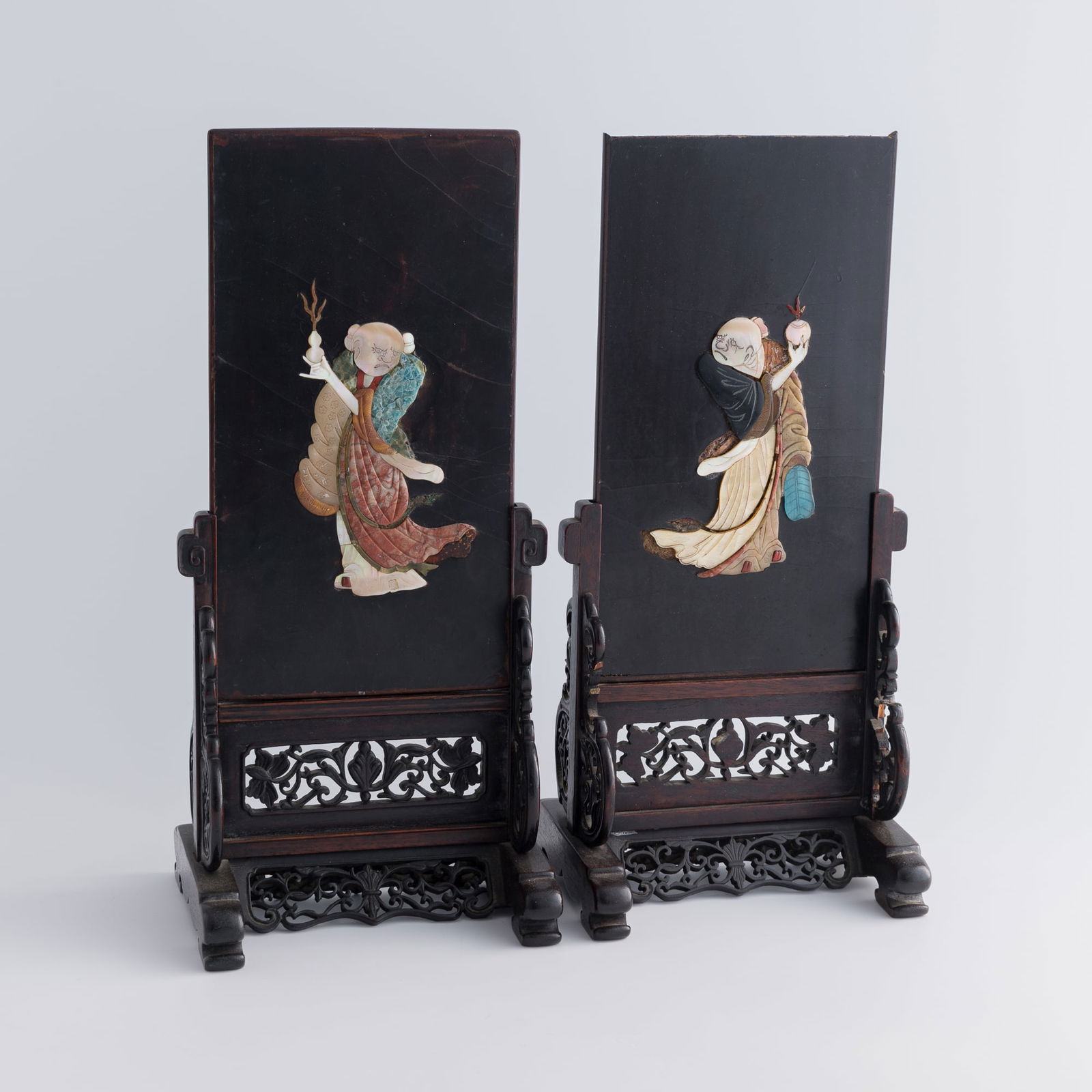 A pair of Chinese black lacquer table screens with inlays, 18th century (1 of 12)