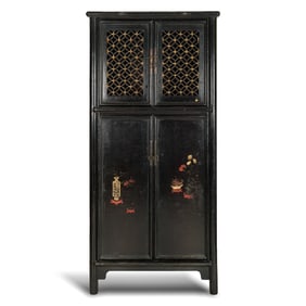 A Chinese black lacquer polychrome 'hundred antiques' wardrobe, 18th century
