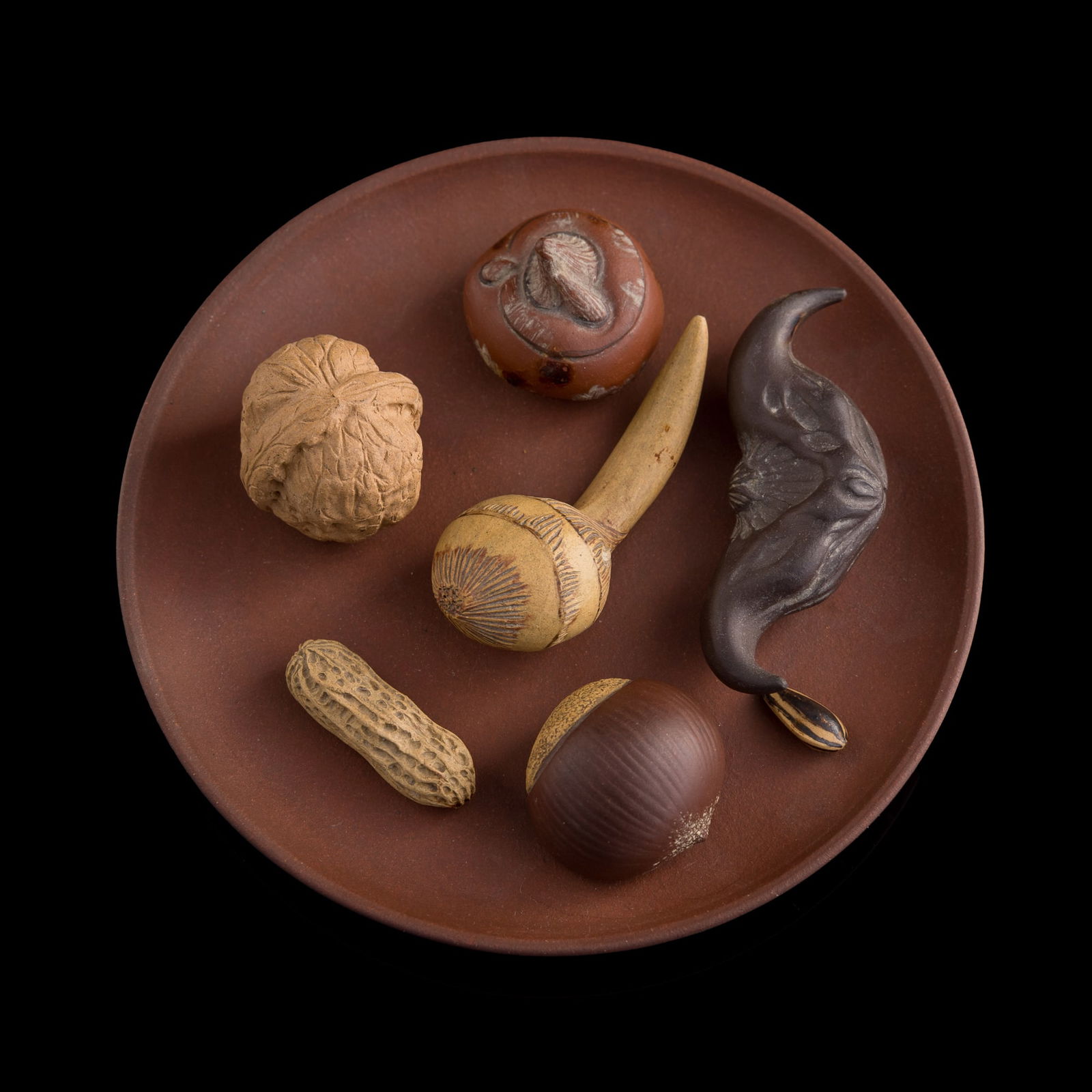 Seven Chinese zisha nuts and fruits with a zisha dish, 1960s-1970s (1 of 13)