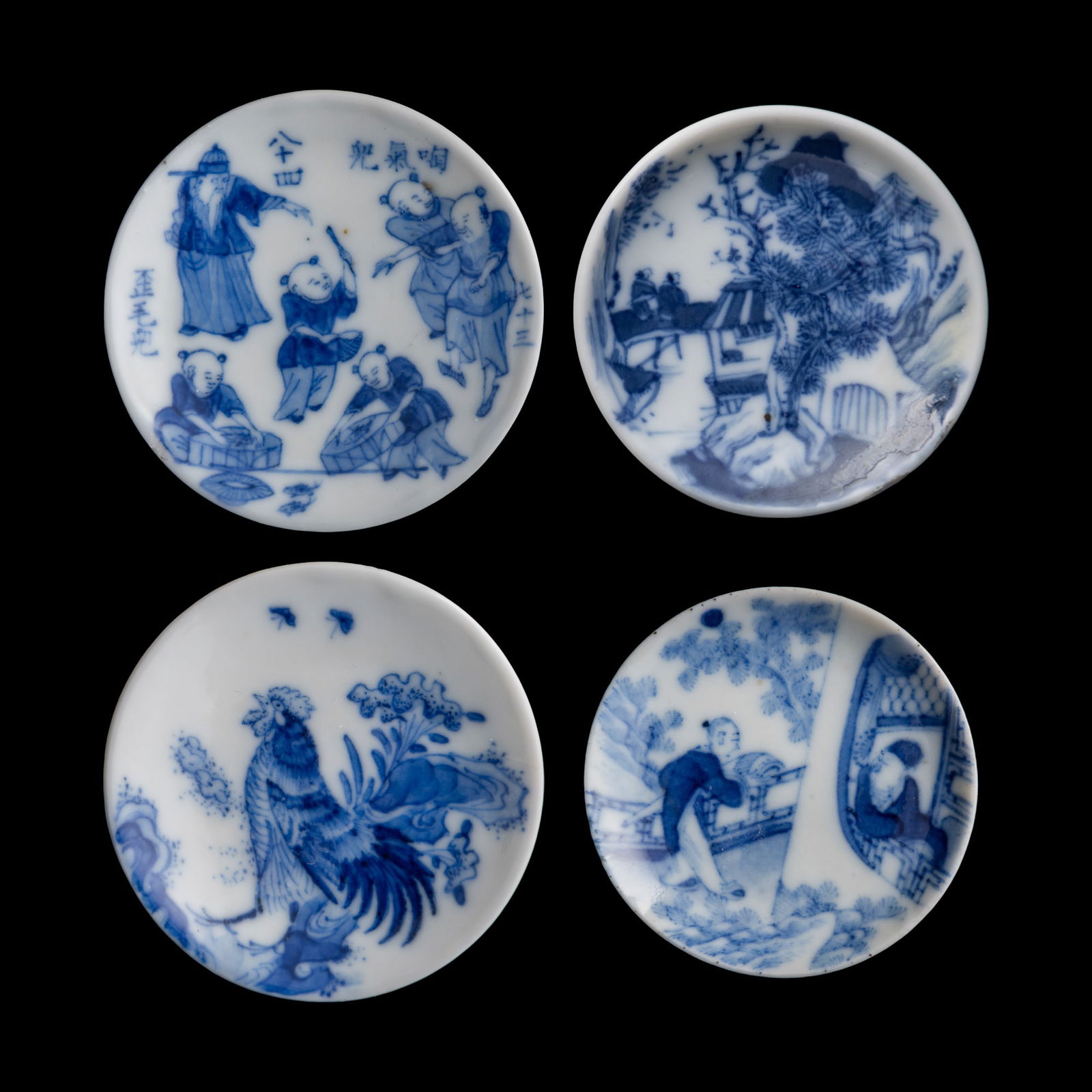 Four Chinese blue and white snuff dishes, Qing dynasty (1 of 7)