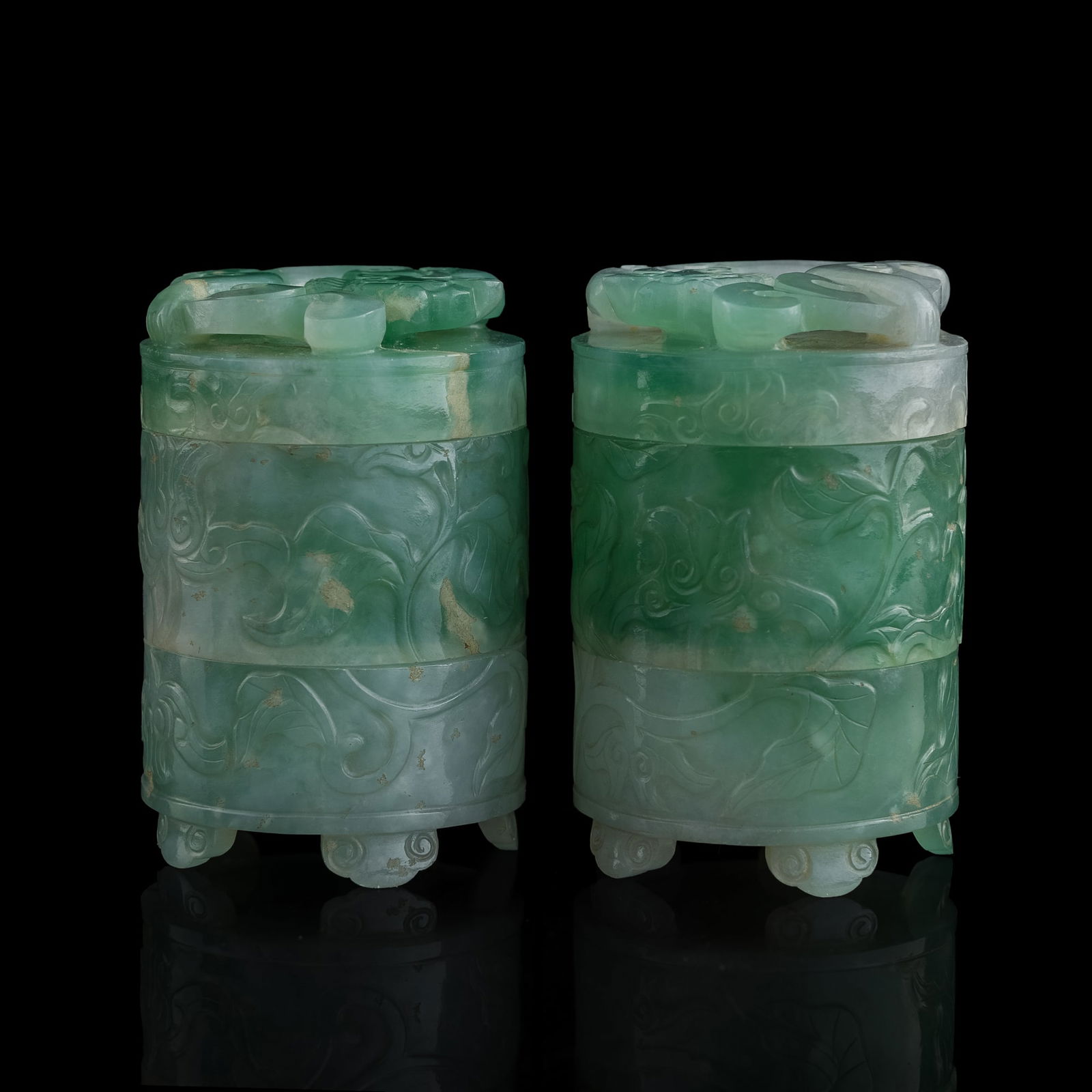 A pair of Chinese jadeite 'chilong' tiered boxes, 19th century (1 of 11)